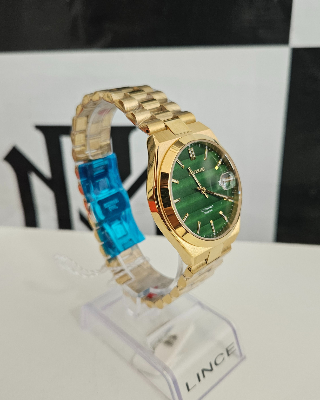 Relógio Seculus Masculino Automático Dourado Fundo Verde