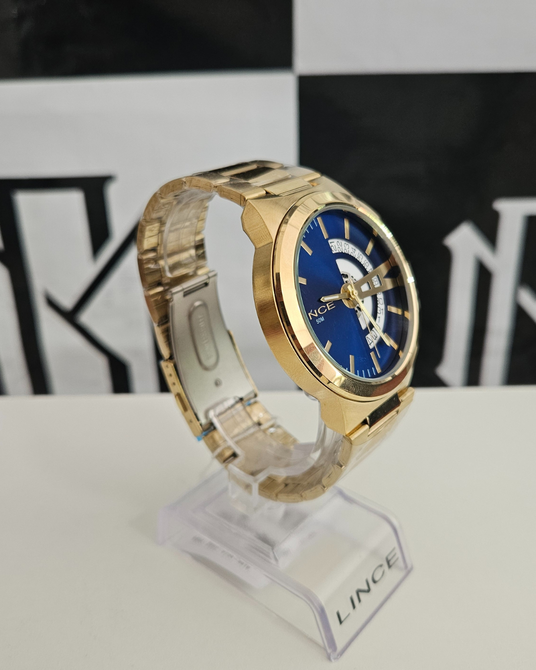 Relógio Lince Masculino Dourado Fundo Azul