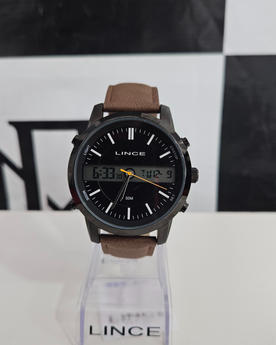 Relógio Lince Masc Puls Couro Marrom Visor Preto Analógico MAC4764L46